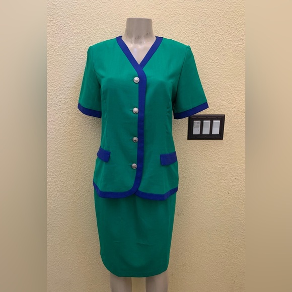 VTG Lady Carol Petites 8P Green With Blue Trim Short Sleeve Blazer 2pc Suit Set - Picture 3 of 14